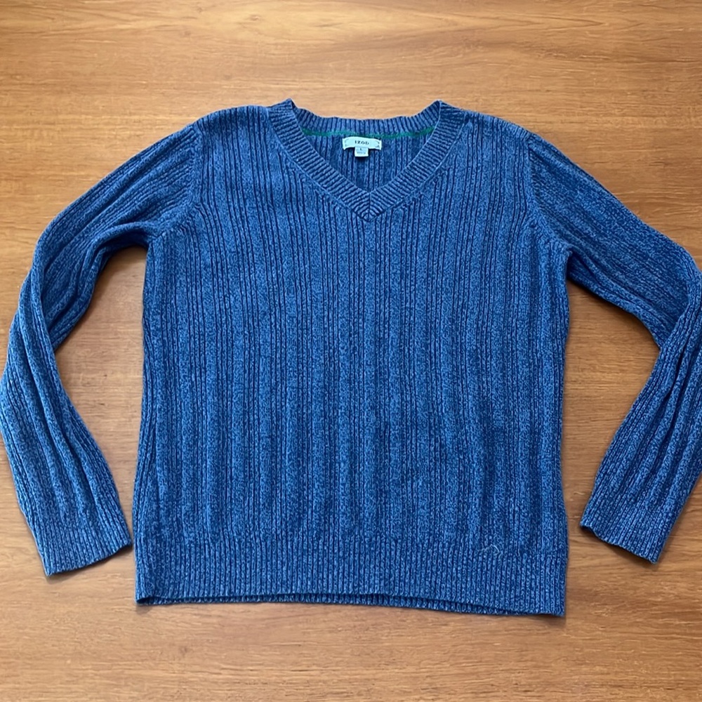 IZOD Ribbed V-Neck Sweater, 100% Cotton, Denim Blue, Long Sleeves, Size L